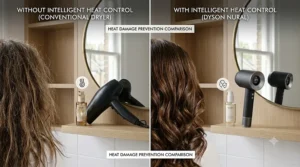 Comparison illustration of hair texture with and without temperature-sensing technology.