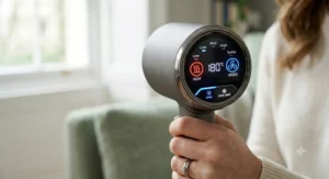 Digital LED interface on a hair dryer showing multiple heat and speed settings.