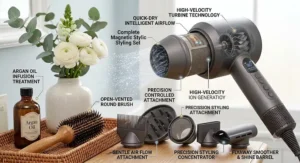Visual representation of high-velocity airflow from a modern heat control hair dryer for faster drying times.