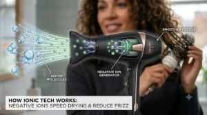 A precise infographic illustration, based on image_0.png, showing how ionic technology works by splitting large water molecules into smaller, negative ions inside a hair dryer to speed up drying and reduce frizz.