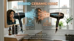 A photorealistic, highly detailed 4K composite illustration merging the two separate hair dryers from image_13.png into a single, central 'hybrid ceramic-ionic hair dryer' positioned over the vanity, visualising how its combined currents provide a hybrid advantage for reducing frizz, delivering even heat, and increasing styling precision.