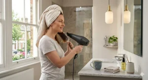 An illustration showing ionic technology inside a 3 heat setting hair dryer to reduce static and promote hair health.