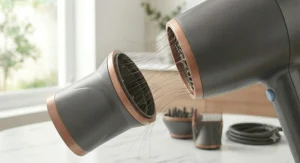 Close-up of airflow emitting from a hair dryer with cold air blast, highlighting advanced ionic technology.