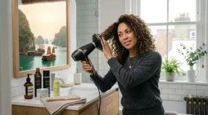 A photorealistic, highly detailed 4K photograph capturing the British woman from image_3.png scrunching her thick, curly hair using a professional-grade diffuser attachment on her hair dryer, alongside detailed bottles of 'Liz Earle Volumising Curl Cream' and 'Aveda Be Curly Style-Prep'.