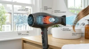 Technical illustration showing the ionic generator and ceramic heating element inside the multi-speed hair dryer to reduce frizz.