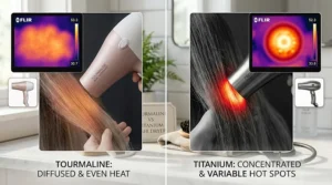 Split-screen visual demonstrating how tourmaline ionic technology seals hair cuticles to create a smooth finish compared to conventional non-ionic drying.