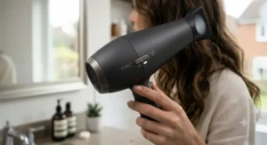 Close-up of the ionic technology switch on a 2400w hair dryer designed for frizz-free, smooth hair.