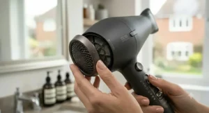 The long power cable of a professional hair dryer, providing freedom of movement during styling.
