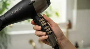 Demonstrating the importance of low-heat settings when using a hair dryer on fine, heat-sensitive hair.