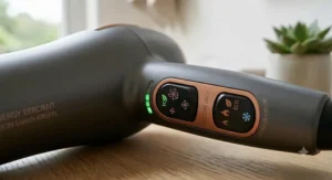 Close-up of the heat and speed control buttons on a low-wattage hair dryer, allowing users to select the optimum energy-saving programme.