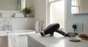 A photorealistic featured hero image of a matte black 3000w hair dryer with a UK plug on a clean bathroom vanity, set against soft natural light.
