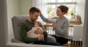 A mum and dad using the ultra-quiet hair dryer comfortably while the baby rests nearby.