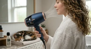 A person using a professional hair dryer to style their hair in a modern bathroom, showcasing the device's airflow power and precise heat settings.