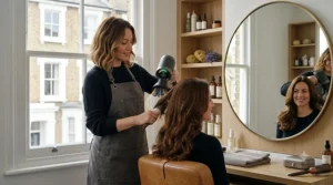 Stylist using a temperature-sensing hairdryer for healthy, frizz-free hair.