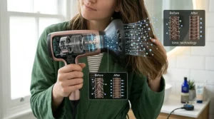 Highlighting the cool shot button on a hair dryer, a essential feature for locking in your hairstyle and adding extra shine.