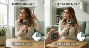 Comparison showing a rapid dry time achieved with a high speed hair dryer.