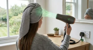 A woman using an energy-efficient hair dryer on towel-dried hair, demonstrating the most efficient way to dry hair quickly while saving electricity.
