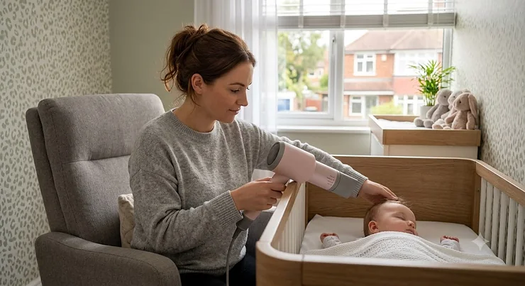 A parent gently using a quiet hair dryer near a peacefully sleeping baby in a nursery. quiet hair dryer for baby sleeping