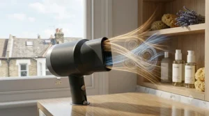 LED indicator on a hairdryer showing the safe distance from the scalp.