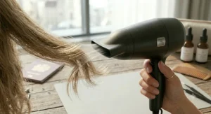 A woman using a 1200w hair dryer to achieve a smooth, salon-quality blowout at home.