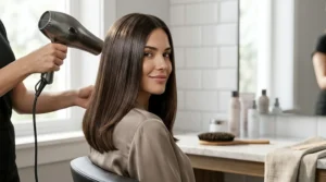 A woman with sleek, shiny hair being styled in a bright salon environment using a professional titanium hair dryer.