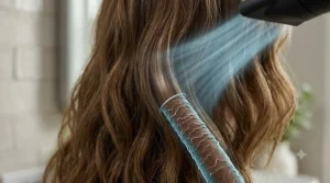 A medium shot of a person using a round brush and a hair dryer's cool shot to lock in curls, with a visible graphic spiral of cool air.