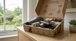 An energy-efficient hair dryer presented inside its sustainable, fully recyclable cardboard packaging to minimise environmental impact.