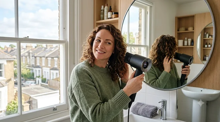 Sleek temperature-sensing hairdryer showing digital heat display. temperature sensing hair dryer