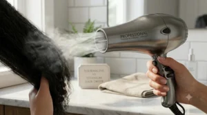 Professional titanium hair dryer being used to dry long, dark hair, demonstrating its high-heat performance for rapid results.