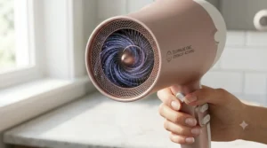 Close-up of a tourmaline ceramic hair dryer nozzle showcasing the ion technology used for effective frizz control.