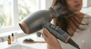 A person using the cold air blast function on their hair dryer to set a smooth, professional hairstyle.