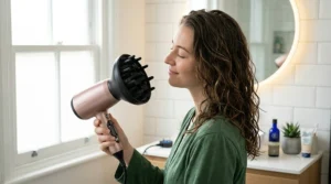 A stylist demonstrating how to use a professional diffuser attachment on a quick dry hair dryer to add volume and define natural curls.