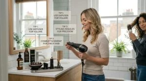 A photorealistic 4K photograph set in the same London apartment bathroom from image_3.png, featuring a different British woman with wavy blonde hair standing at the vanity, about to attach a slim styling nozzle to her hair dryer, surrounded by a metal tray of assorted attachments and integrated text labels with tips for using diffusers, nozzles, and combs.