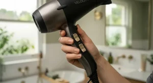 Close-up of hair dryer control panel showing adjustable heat and variable speed settings for fine hair.