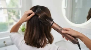 Creating volume at the roots using the round volumising brush attachment on a 5 in 1 hair styler.