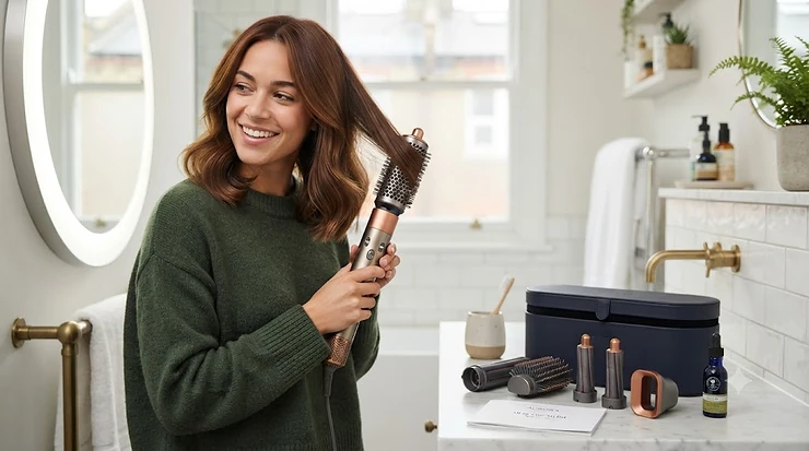 Professional all-in-one hair styling tool laid out on a sleek vanity surface with natural lighting, showcasing its interchangeable attachments for drying, curling, and smoothing. all in one hair styling tool