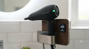 A premium hair dryer secured in a wall-mounted charging station, displaying the active auto-shutoff safety timer.