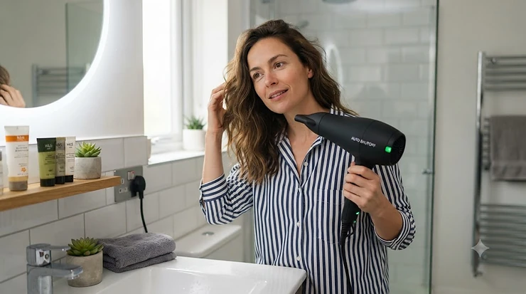 A woman using a modern hair dryer with an auto-shutoff safety feature in a bright, contemporary British bathroom. hair dryer with auto shutoff