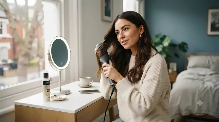 A stylish woman with thick, wavy brunette hair uses a charcoal grey and rose gold straightening brush in a bright, modern London flat, achieving sleek results. straightening brush for thick hair