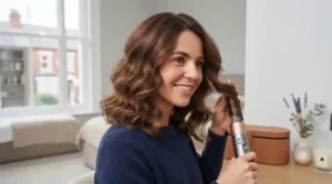 Close-up of a British woman with shoulder-length, glossy, bouncy blowout curls achieved using an affordable multi-styler.