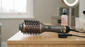 Close-up of the ceramic bristles and digital temperature control on a professional hot air straightening brush.