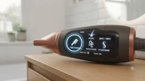 Infographic guide on selecting the correct temperature settings on a thermal protection hairdryer for different hair types.