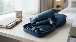 A compact, portable ergonomic hair dryer showing its sleek, lightweight design for travel or home use.