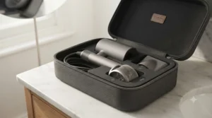 The quiet professional hairdryer shown with a protective storage case for travel.