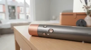 An extreme close-up of the ergonomic handle of the styling wand, showing the detailed copper power switch, airflow speed, and heat setting buttons.
