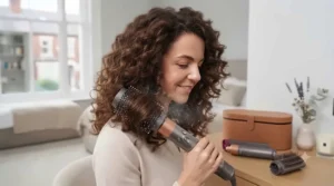 A demonstration on voluminous, curly hair using the round volumizing brush attachment to stretch and smooth thick tresses.
