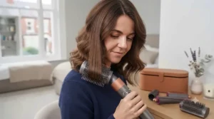 A British woman with fine, chestnut-brown hair using the soft smoothing brush attachment to add volume and shine without heat damage.