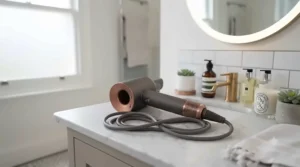 The hairdryer resting on a marble vanity with its swivel cord neatly coiled around the base, demonstrating tidy, compact storage.
