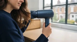 Side view showing the balanced weight distribution of the ergonomic hair dryer to prevent hand fatigue.