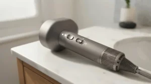 Close-up of the lightweight, ergonomic handle design of the quiet professional hairdryer.
